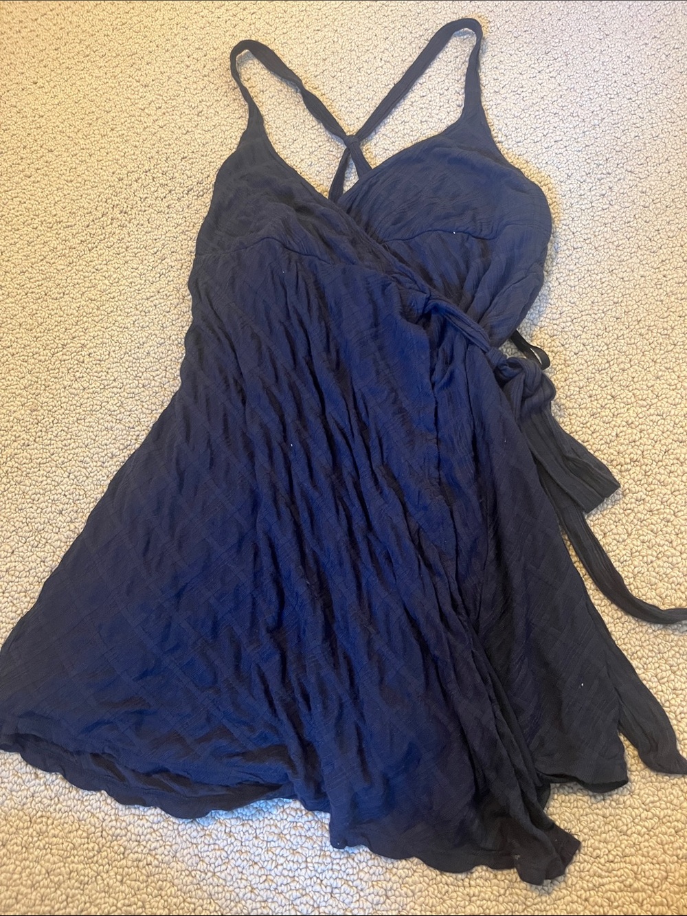 Free People Navy Textured Wrap Dress with Ribbon Straps Extra Small